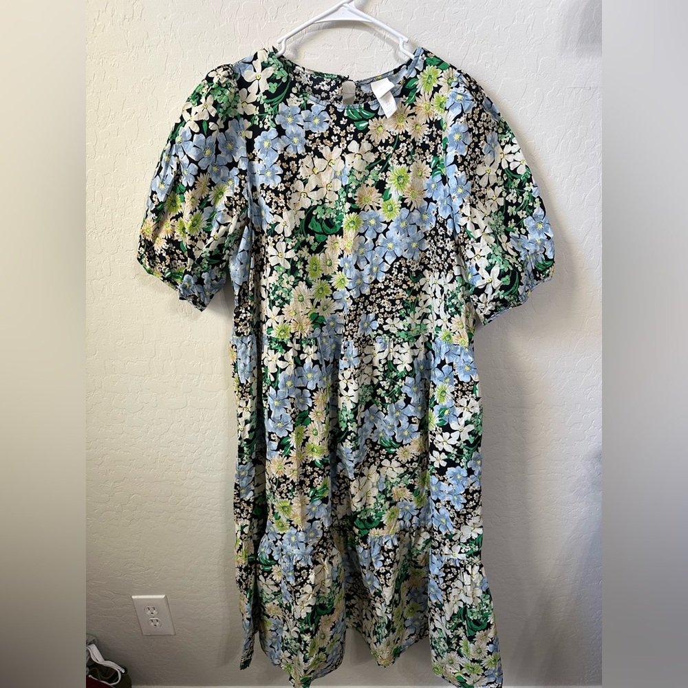H&M Floral Puff Sleeve Dress - Blue, Green, White